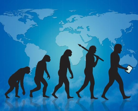 Ewolucja człowieka ukazana na etapach. W tle mapa świata.